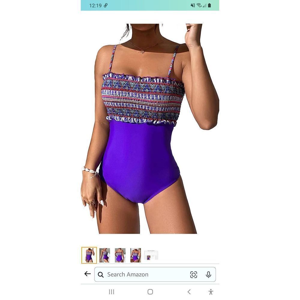New Medium Modihito Purple Bandeau Ruffled Smocked 1pc Swimsuit Bathing Suit NWT